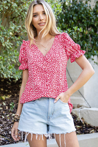 Printed Flounce Sleeve Plunge Blouse, Trendsi - A Blissfully Beautiful Boutique