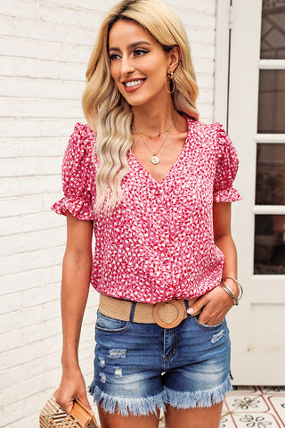 Printed Flounce Sleeve Plunge Blouse, Trendsi - A Blissfully Beautiful Boutique