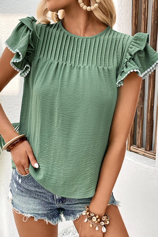 Pleated Detail Flutter Sleeve Blouse, Trendsi - A Blissfully Beautiful Boutique
