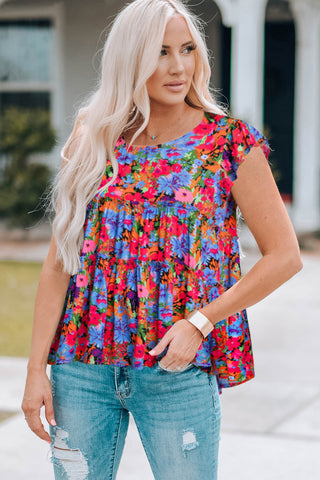 Floral Round Neck Frill Trim Blouse, Trendsi - A Blissfully Beautiful Boutique