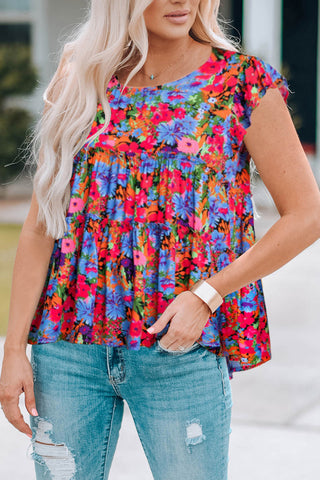Floral Round Neck Frill Trim Blouse, Trendsi - A Blissfully Beautiful Boutique