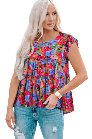 Floral Round Neck Frill Trim Blouse, Trendsi - A Blissfully Beautiful Boutique