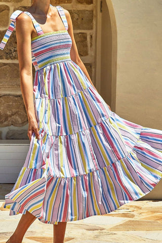 Striped Tie-Shoulder Smocked Tiered Dress, Trendsi - A Blissfully Beautiful Boutique