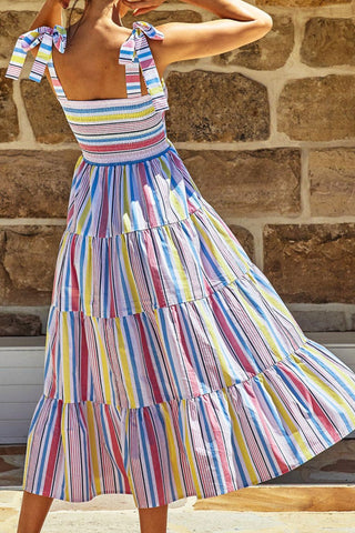 Striped Tie-Shoulder Smocked Tiered Dress, Trendsi - A Blissfully Beautiful Boutique