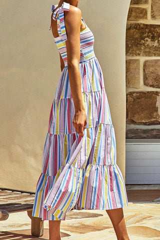 Striped Tie-Shoulder Smocked Tiered Dress, Trendsi - A Blissfully Beautiful Boutique