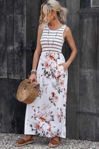 Striped Floral Round Neck Sleeveless Maxi Dress, Trendsi - A Blissfully Beautiful Boutique