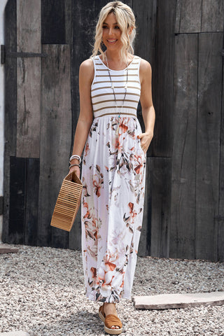 Striped Floral Round Neck Sleeveless Maxi Dress, Trendsi - A Blissfully Beautiful Boutique