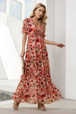 Floral V-Neck Short Flounce Sleeve Dress, Trendsi - A Blissfully Beautiful Boutique