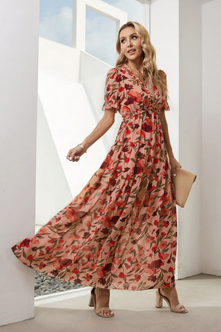 Floral V-Neck Short Flounce Sleeve Dress, Trendsi - A Blissfully Beautiful Boutique