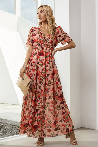 Floral V-Neck Short Flounce Sleeve Dress, Trendsi - A Blissfully Beautiful Boutique