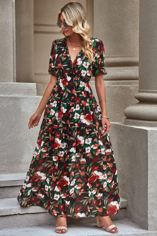 Floral V-Neck Short Flounce Sleeve Dress, Trendsi - A Blissfully Beautiful Boutique