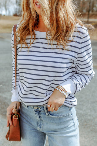 Striped Long Sleeve Round Neck Top, Trendsi - A Blissfully Beautiful Boutique