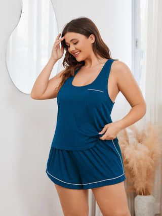 Plus Size Contrast Piping Racerback Tank and Shorts Lounge Set, Trendsi - A Blissfully Beautiful Boutique
