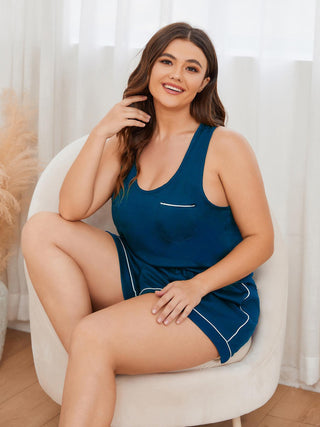 Plus Size Contrast Piping Racerback Tank and Shorts Lounge Set, Trendsi - A Blissfully Beautiful Boutique