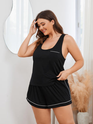 Plus Size Contrast Piping Racerback Tank and Shorts Lounge Set, Trendsi - A Blissfully Beautiful Boutique