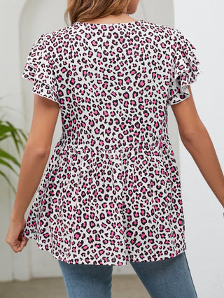 Leopard Round Neck Flutter Sleeve Babydoll Blouse, Trendsi - A Blissfully Beautiful Boutique
