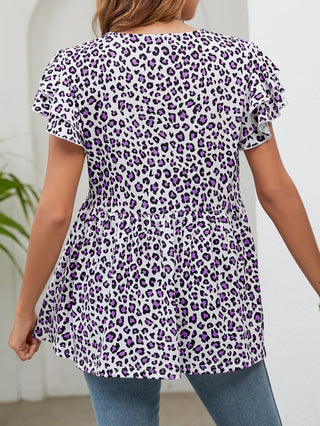Leopard Round Neck Flutter Sleeve Babydoll Blouse, Trendsi - A Blissfully Beautiful Boutique