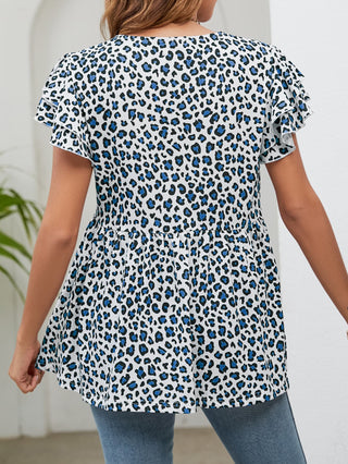 Leopard Round Neck Flutter Sleeve Babydoll Blouse, Trendsi - A Blissfully Beautiful Boutique