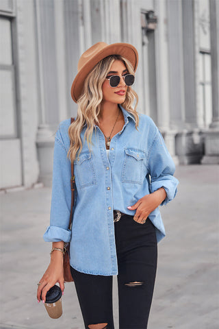 Collared Neck Dropped Shoulder Denim Top, Trendsi - A Blissfully Beautiful Boutique