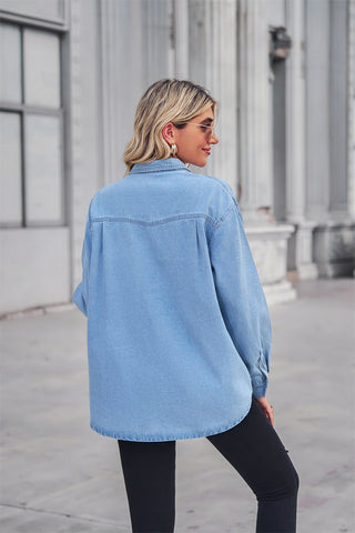 Collared Neck Dropped Shoulder Denim Top, Trendsi - A Blissfully Beautiful Boutique