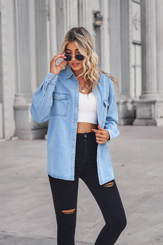 Collared Neck Dropped Shoulder Denim Top, Trendsi - A Blissfully Beautiful Boutique