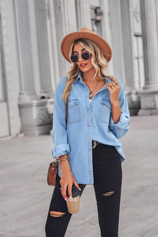 Collared Neck Dropped Shoulder Denim Top, Trendsi - A Blissfully Beautiful Boutique