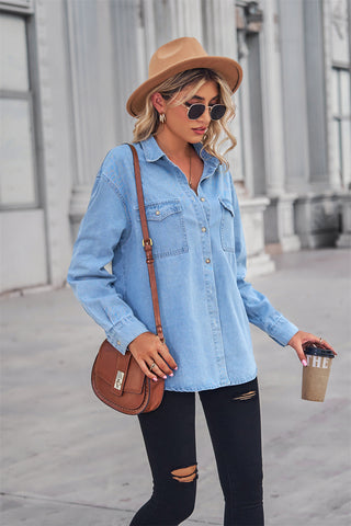 Collared Neck Dropped Shoulder Denim Top, Trendsi - A Blissfully Beautiful Boutique