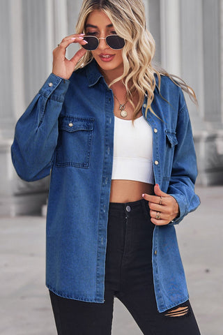 Collared Neck Dropped Shoulder Denim Top, Trendsi - A Blissfully Beautiful Boutique