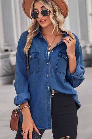 Collared Neck Dropped Shoulder Denim Top, Trendsi - A Blissfully Beautiful Boutique
