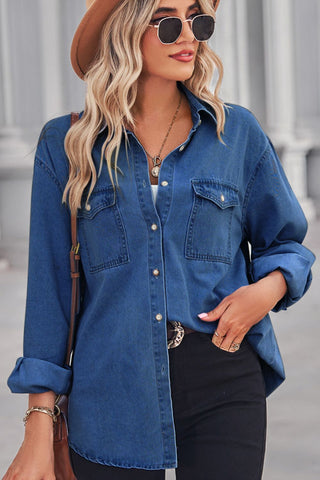 Collared Neck Dropped Shoulder Denim Top, Trendsi - A Blissfully Beautiful Boutique