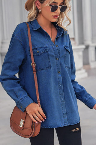 Collared Neck Dropped Shoulder Denim Top, Trendsi - A Blissfully Beautiful Boutique