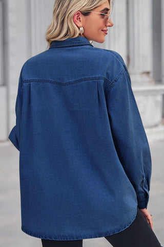 Collared Neck Dropped Shoulder Denim Top, Trendsi - A Blissfully Beautiful Boutique
