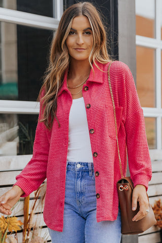 Waffle-knit Collared Neck Dropped Shoulder Shirt, Trendsi - A Blissfully Beautiful Boutique