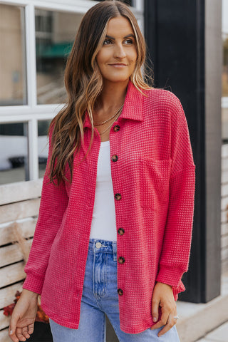 Waffle-knit Collared Neck Dropped Shoulder Shirt, Trendsi - A Blissfully Beautiful Boutique