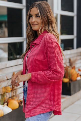 Waffle-knit Collared Neck Dropped Shoulder Shirt, Trendsi - A Blissfully Beautiful Boutique