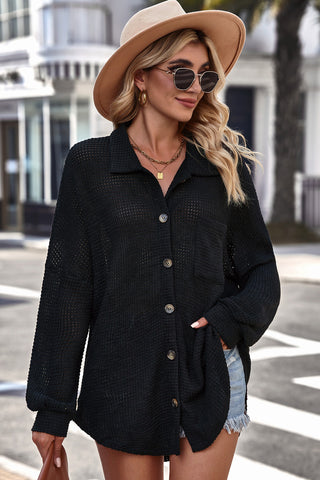 Waffle-knit Collared Neck Dropped Shoulder Shirt, Trendsi - A Blissfully Beautiful Boutique