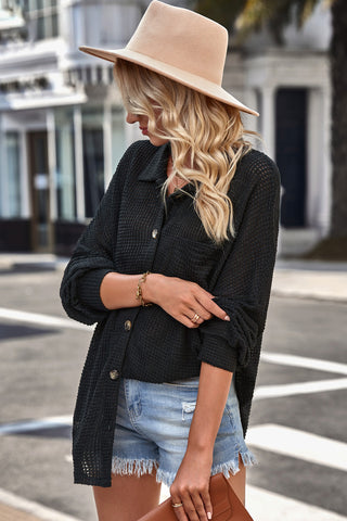Waffle-knit Collared Neck Dropped Shoulder Shirt, Trendsi - A Blissfully Beautiful Boutique