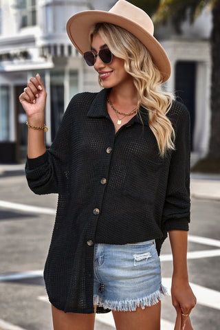 Waffle-knit Collared Neck Dropped Shoulder Shirt, Trendsi - A Blissfully Beautiful Boutique