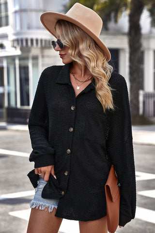 Waffle-knit Collared Neck Dropped Shoulder Shirt, Trendsi - A Blissfully Beautiful Boutique