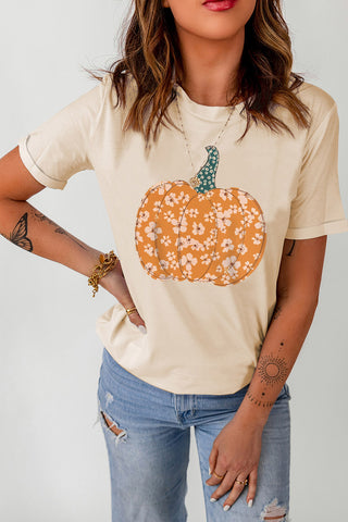 Pumpkin Graphic Round Neck Cuffed T-Shirt, Trendsi - A Blissfully Beautiful Boutique