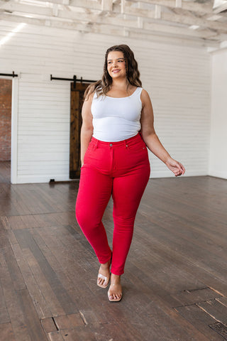 Ruby High Rise Control Top Garment Dyed Skinny Jeans in Red, Ave Shops - A Blissfully Beautiful Boutique
