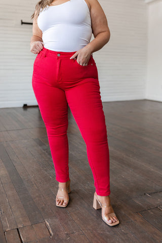 Ruby High Rise Control Top Garment Dyed Skinny Jeans in Red, Ave Shops - A Blissfully Beautiful Boutique