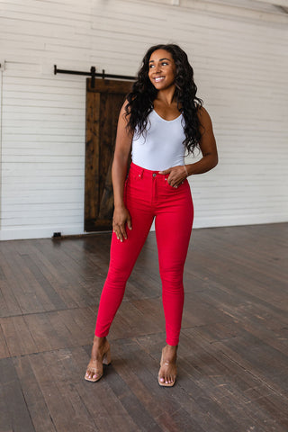 Ruby High Rise Control Top Garment Dyed Skinny Jeans in Red, Ave Shops - A Blissfully Beautiful Boutique