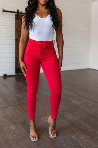 Ruby High Rise Control Top Garment Dyed Skinny Jeans in Red, Ave Shops - A Blissfully Beautiful Boutique