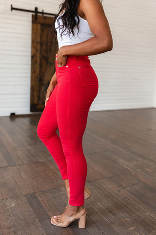 Ruby High Rise Control Top Garment Dyed Skinny Jeans in Red, Ave Shops - A Blissfully Beautiful Boutique