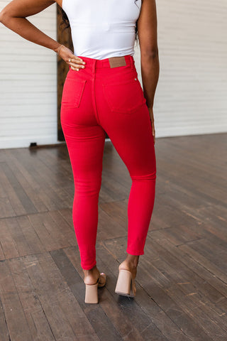 Ruby High Rise Control Top Garment Dyed Skinny Jeans in Red, Ave Shops - A Blissfully Beautiful Boutique