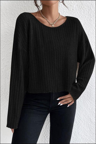 Ribbed Round Neck Drop Shoulder Long Sleeve Top, Trendsi - A Blissfully Beautiful Boutique