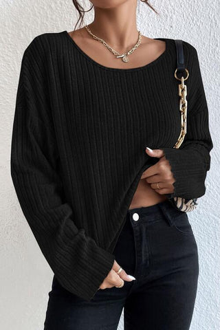 Ribbed Round Neck Drop Shoulder Long Sleeve Top, Trendsi - A Blissfully Beautiful Boutique