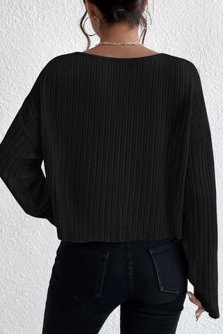 Ribbed Round Neck Drop Shoulder Long Sleeve Top, Trendsi - A Blissfully Beautiful Boutique
