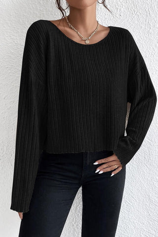 Ribbed Round Neck Drop Shoulder Long Sleeve Top, Trendsi - A Blissfully Beautiful Boutique